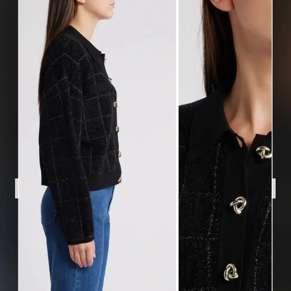 BOSS by Hugo Boss Women’s Sparkle Tweed Cropped Jacket in Black Lurex Plaid Sz L